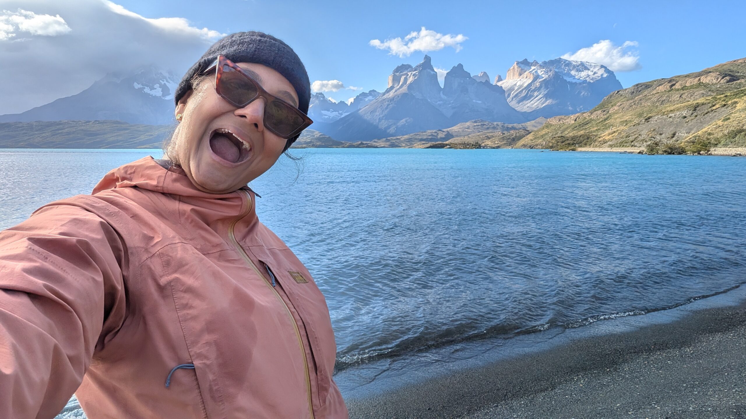 Solo traveler selfie by the lake in Torres del Paine