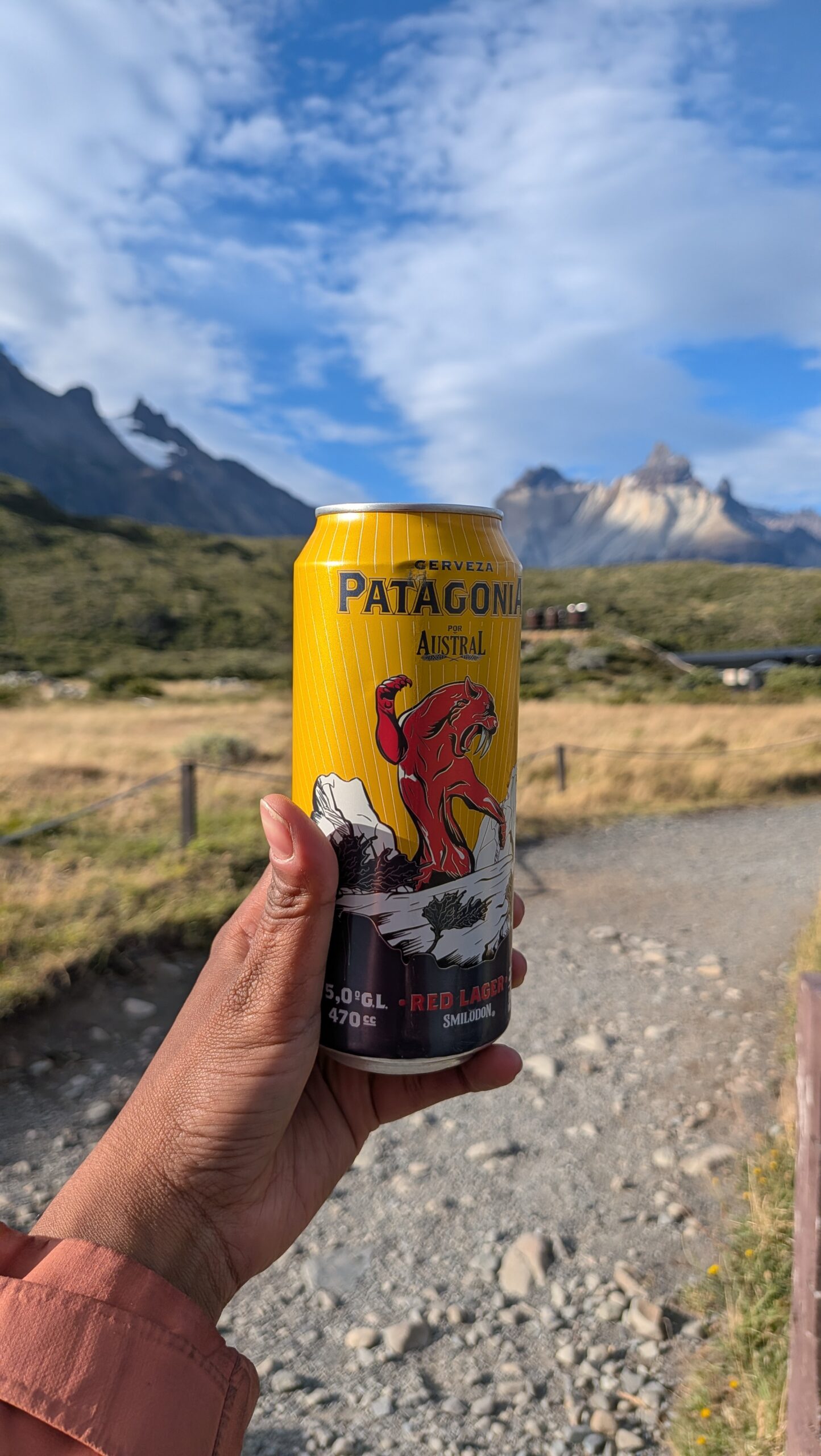 Cerveza Patagonia beer with Torres del Paine in the background