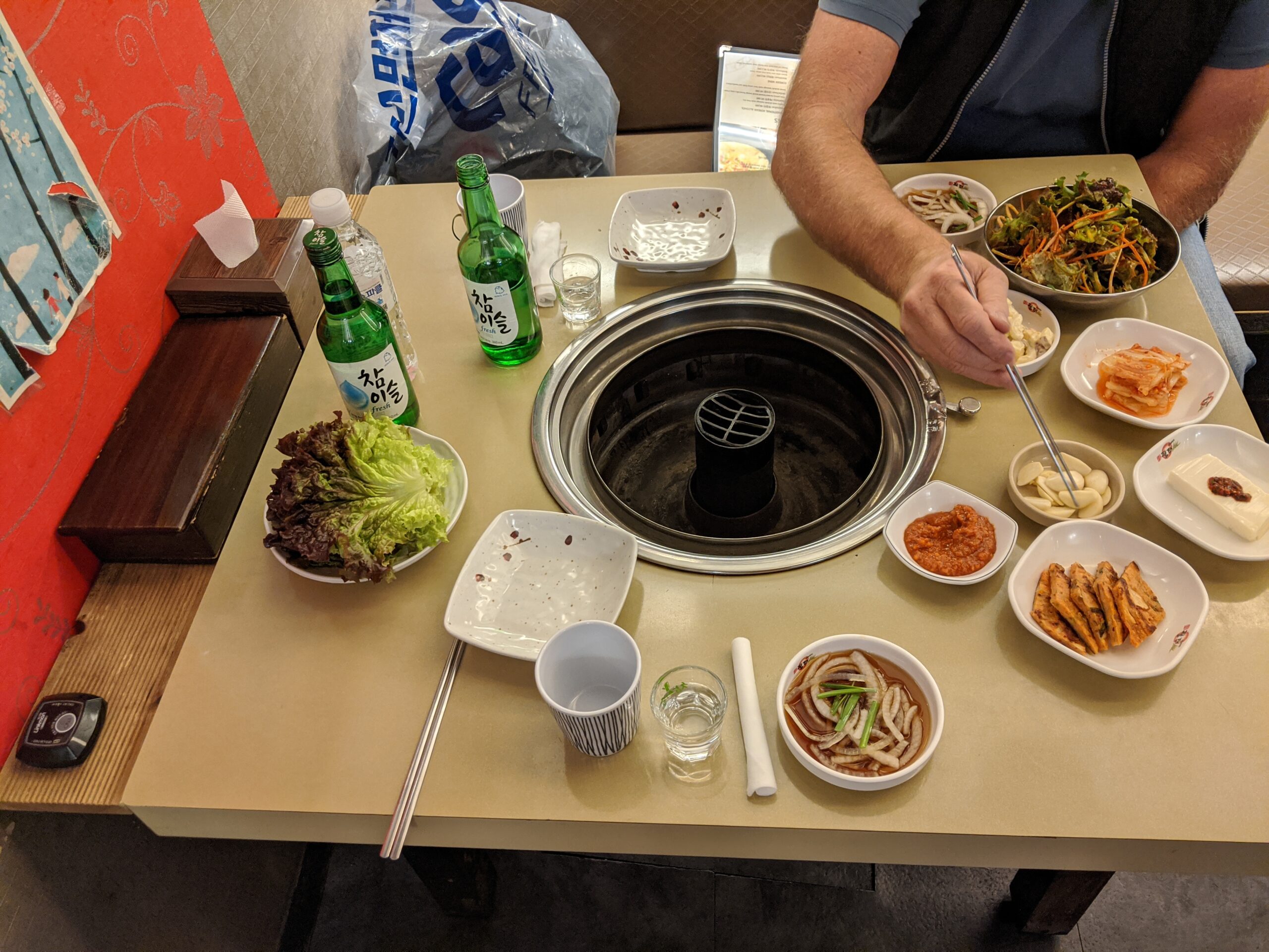 Korean BBQ table with banchan